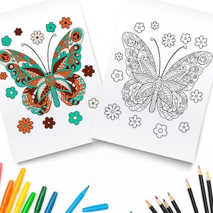 Butterfly Printable Coloring Page / Mandala PDF Digital Download / Adult Kids Coloring Book