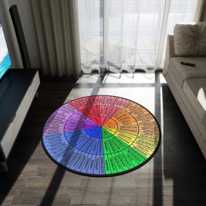 May include: A circular area rug featuring a colorful wheel of emotions and values. The design is divided into segments of red, orange, yellow, green, blue, and purple, each containing various words like Life, Value, Ego, and Trust.