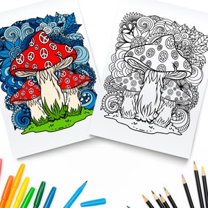 Magic Mushroom Printable Coloring Pages / Digital Download / Trippy Coloring Book