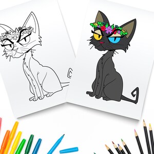 May include: A black and white coloring page featuring a cartoon cat wearing a flower crown. The cat has a grumpy expression and is sitting with its tail curled. The cat is outlined in black and ready to be colored in.