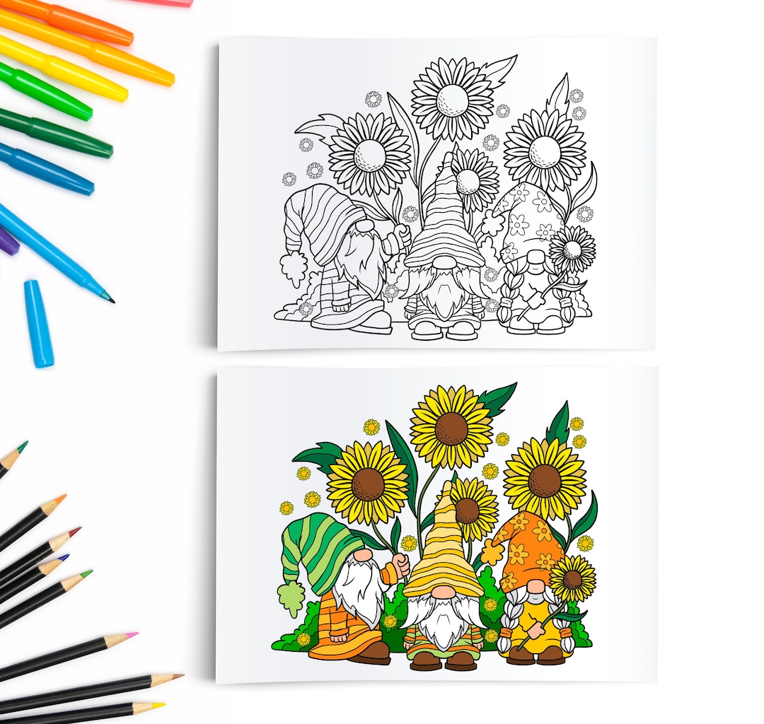 Gnomes Coloring Page / Sunflower Gnome / Adult Coloring / Kids Color ...