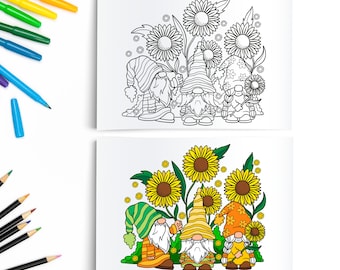 Gnomes Coloring Page / Sunflower Gnome / Adult Coloring / Kids Color Sheet