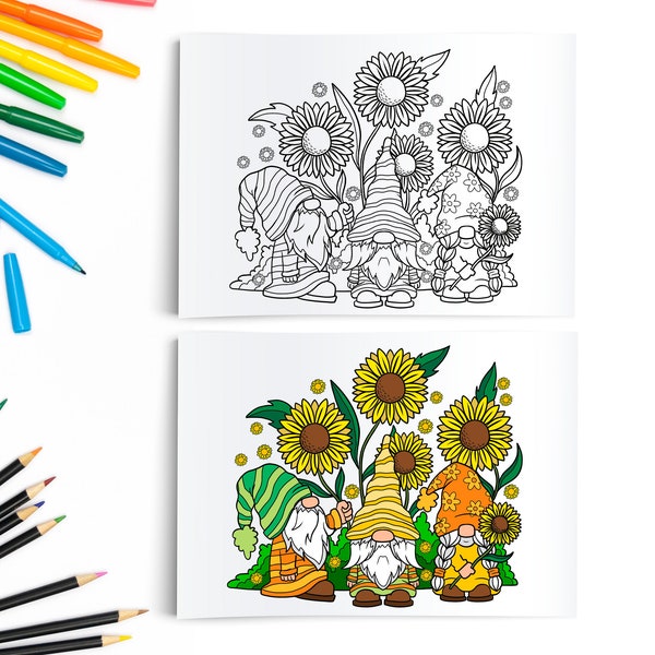 Gnomes Coloring Page / Sunflower Gnome / Adult Coloring / Kids Color Sheet