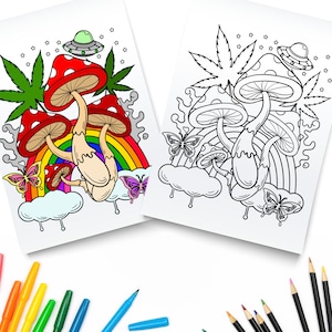 Trippy Coloring Pages / Magic Mushroom Printable PDF / Digital Download / Stoner Coloring Book