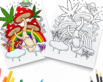 Trippy Coloring Pages / Magic Mushroom Printable PDF / Digital Download / Stoner Coloring Book