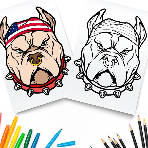 Printable 4th Of July American Pitbull / Digital Download / 4th Of July Coloring Page / Independence Day / American Flag Red Blue White