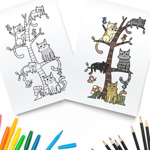 Printable Cats On Tree Branches / Digital Download / Cute Cats Coloring Page Animal Lover