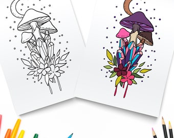 Mushroom And Crystals / Magic Mushroom Printable Coloring Pages / Digital Download / Stoner Coloring Book