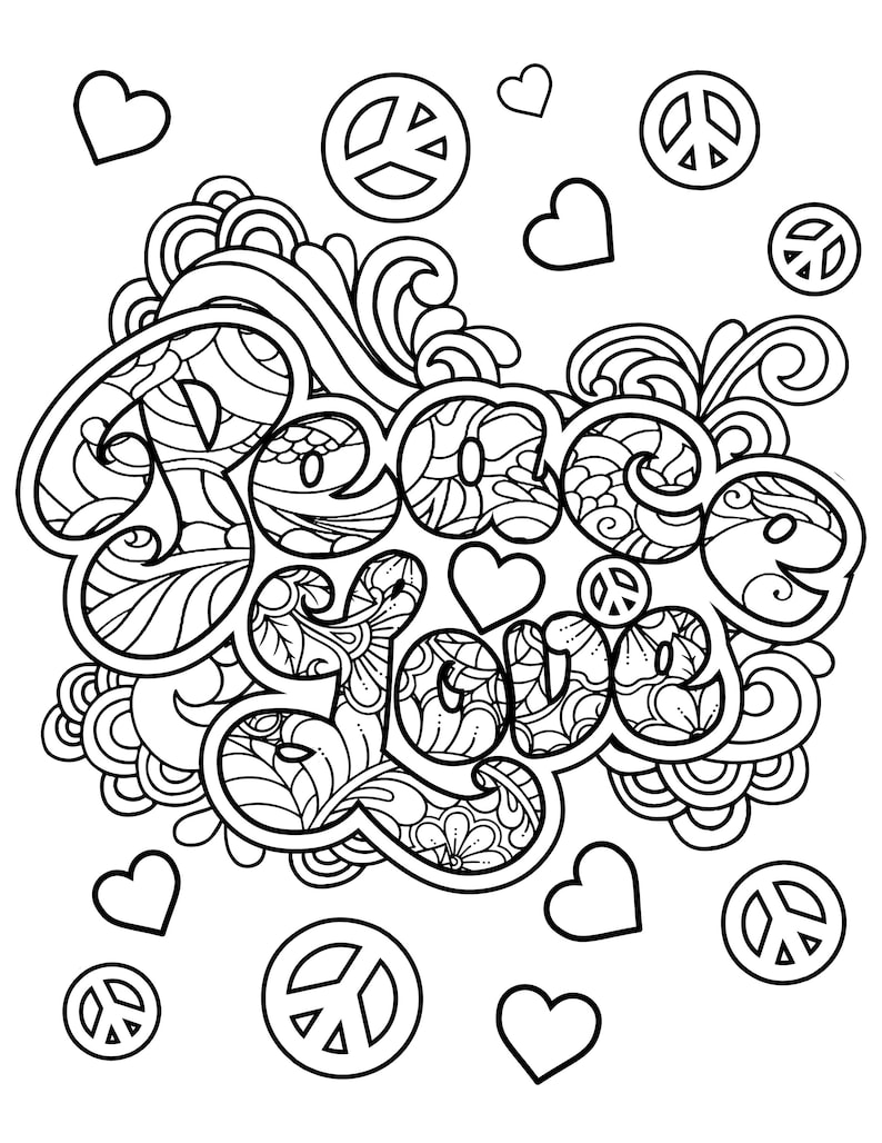 Peace Love Printable Coloring Pages / Digital Download / Hippie