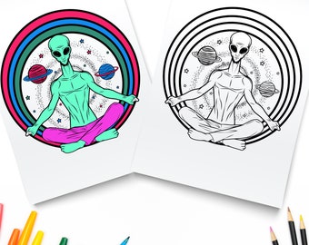 Alien Yoga Peace Printable / Meditating Alien / Digital Download / Alien Coloring Page