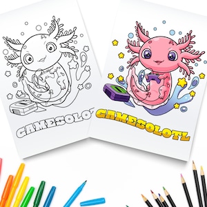 Cute Axolotl Coloring Page / Gamer Digital Download / Axolotls Kawaii Kids Printable