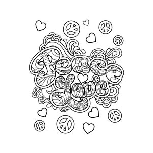 Peace Love Printable Coloring Pages / Digital Download / Hippie