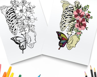 Printable Fairycore Skeleton / Skeleton And Flowers / Digital Download / Vintage Goth Coloring Page