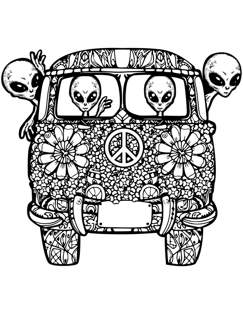 Hippie Alien Printable / Hippie Retro Van Coloring Page / Digital ...