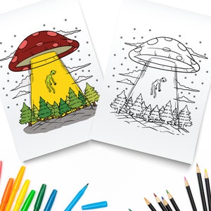 Printable Magic Mushroom Alien Abduction / Mushroom UFO / Digital Download / Trippy Coloring Page