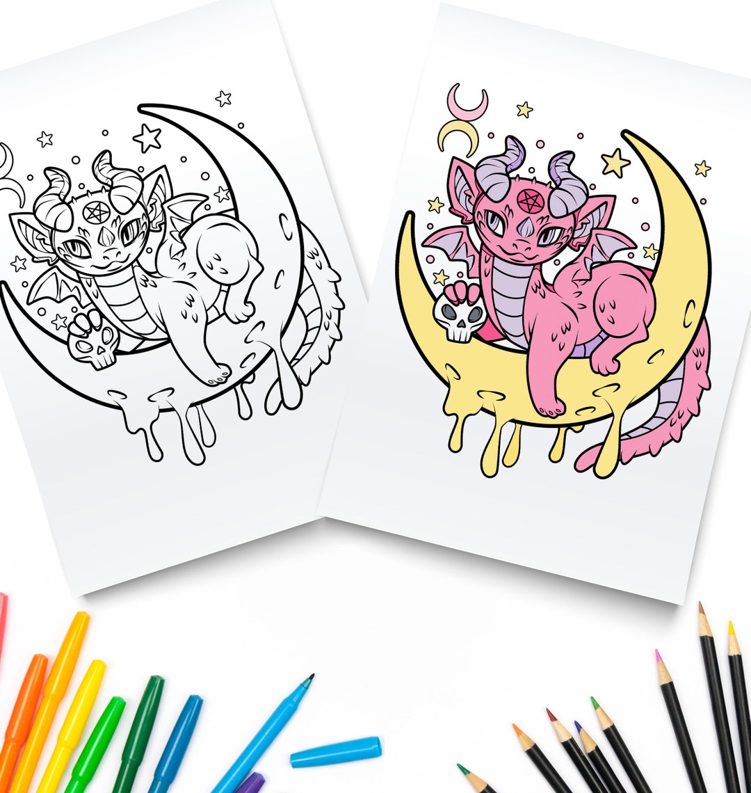 Pastel Goth Dragon / Pastel Goth Coloring Pages / Creepy Kawaii Coloring Pages / Creepy Cute