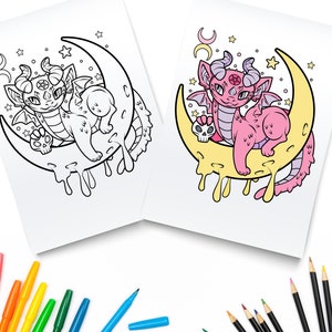 May include: A black and white line drawing of a cute, pink dragon sitting on a crescent moon with dripping yellow wax. The dragon has horns, wings, and a skull in its hand. The moon is surrounded by stars.