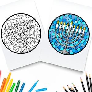 Coloring Printable Menorah Chanukah / Hanukkah Art Colouring Page / Digital Download / Mosaic Hanukkah Coloring Page / Jewish Holiday Gift