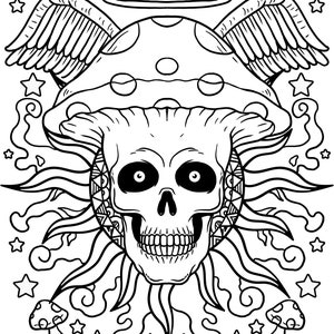 May include: Black and white line art illustration of a skull with a halo, wings, and mushrooms. The skull is surrounded by a sunburst design and stars.