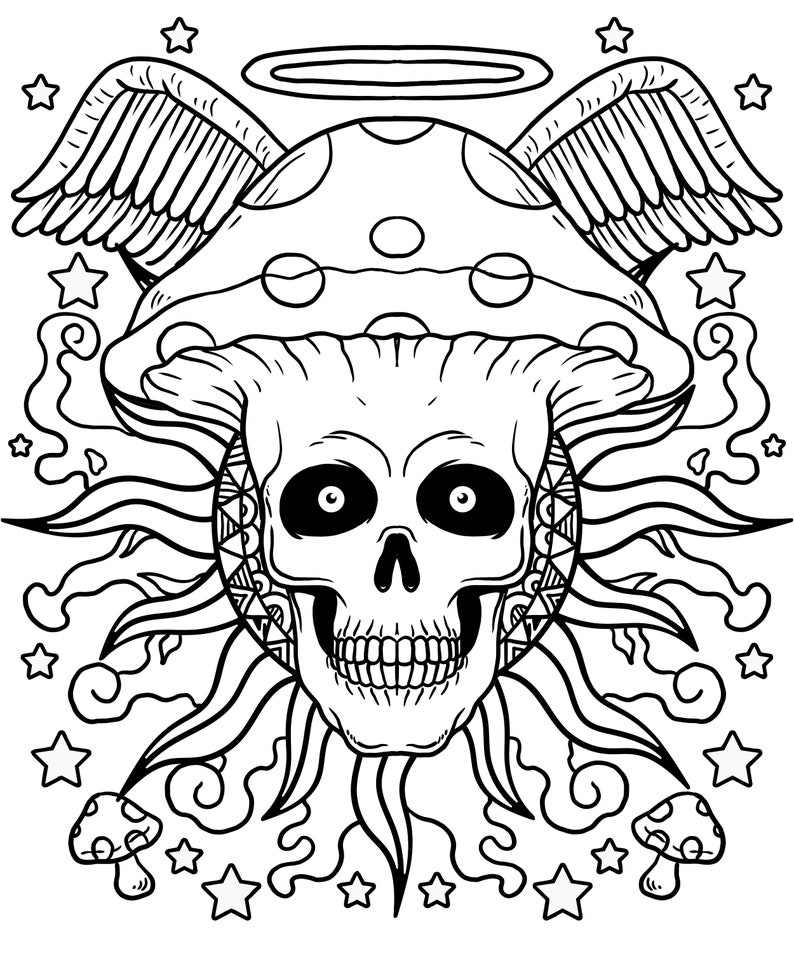 May include: Black and white line art illustration of a skull with a halo, wings, and mushrooms. The skull is surrounded by a sunburst design and stars.