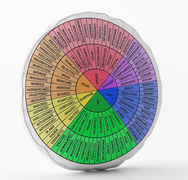 May include: A round, white pillow featuring a color-coded emotion wheel. The wheel displays various feelings like anger, joy, and sadness, with related emotions radiating outwards. Text is in black, with each emotion category in a different color.