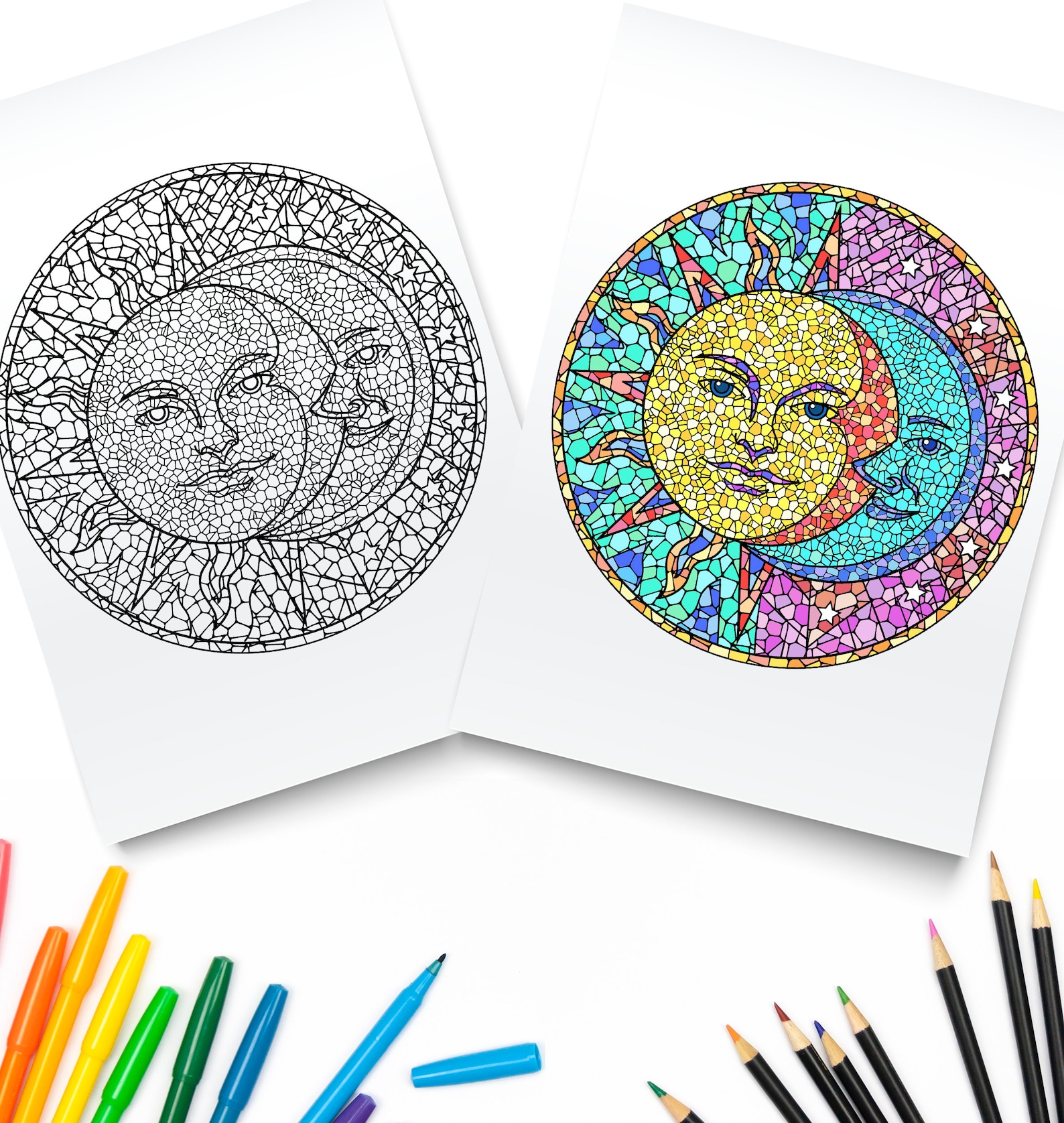 Sun and Moon Mosaic Printable / Mosaic Wall Art / Digital Download / Celestial Sun and Moon ...