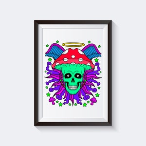 May include: A psychedelic illustration of a skull wearing a red and white mushroom with wings and a halo. The skull is green with black eyes and a toothy grin. The background is a swirl of purple, pink, and blue with green stars.