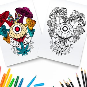 Magic Mushrooms Printable Coloring Pages / Digital Download / Stoner Trippy Coloring Book