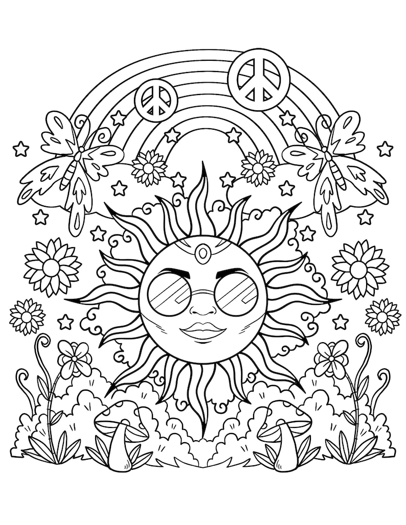Hippie Sun Printable Coloring Pages / Digital Download / Trippy Hippie Sun Printable Coloring Pages / Digital Download / Trippy