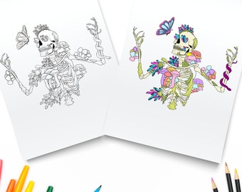 Printable Fairycore Aesthetic Skeleton Crystals / Crystals And Mushrooms / Digital Download / Vintage Goth Coloring Page