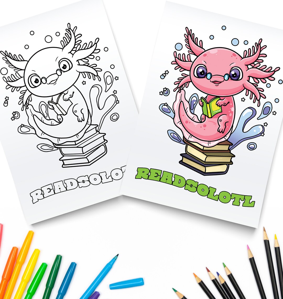 Cute Axolotl Coloring Page / Reading Digital Download / Axolotls Kawaii ...