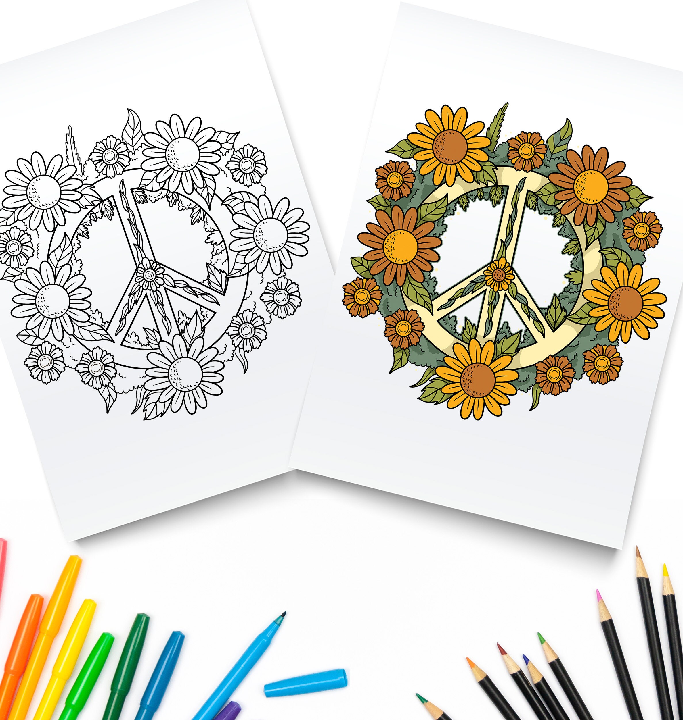Peace Sunflower Malseite / Digital Download / Hippie Peace Zeichen Druck PDF / Downloadable Art / Groovy Floral Peace / Peace Symbol