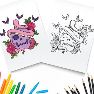 Pastel Goth Coloring Pages / Snake Skull And Rose / Digital Download / Creepy Kawaii Printable PDF