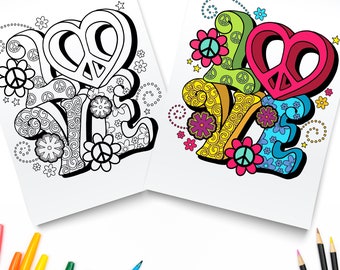 3D Love Peace Printable / Digital Download / Retro Hippie / Floral Hippie Malseite