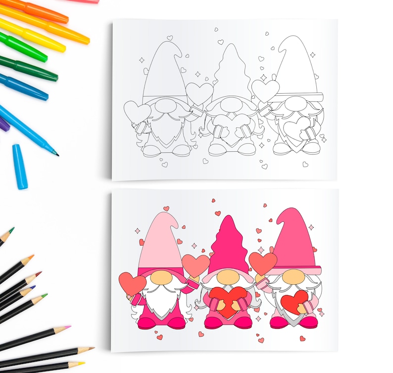 Valentines Gnomes Printable Coloring / Kids Valentines Day Downloadable ...