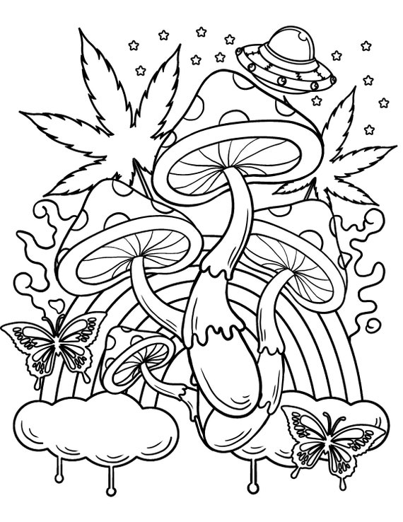 Trippy Coloring Pages / Magic Mushroom Printable PDF / Digital Download /  Stoner Coloring Book 