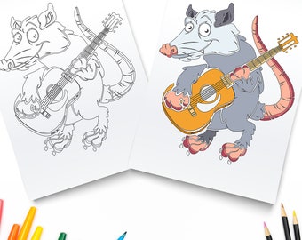 Possum Playing Banjo Coloring Page / Digital Download / Opossum Lover Print PDF / Downloadable Art / Opossum Digital Print / Opossum Art