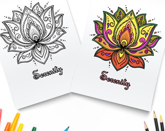 Printable Serenity Lotus Flower / Waterlilies Art / Digital Download / Serene Lotus Mandala Coloring Page