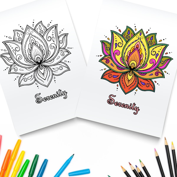 Printable Serenity Lotus Flower / Waterlilies Art / Digital Download / Serene Lotus Mandala Coloring Page