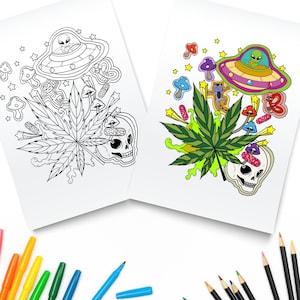 Trippy Skull Printable PDF / Magic Mushrooms / Stoner Alien  / Digital Download / Trippy Stoner Coloring Page