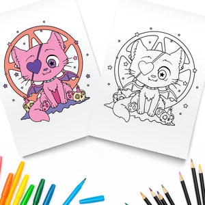 Pastel Goth Scary Cat / Pastel Goth Coloring Pages / Creepy Kawaii Printable / Digital PDF Download