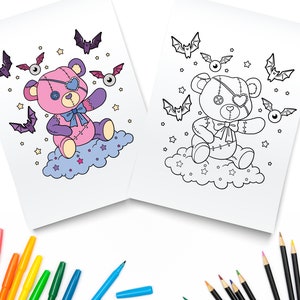 Scary Cute Teddy Bear / Pastel Goth Coloring Pages / Creepy Kawaii Coloring Pages / Creepy Cute Kawaii Coloring Pages / Digital PDF Download