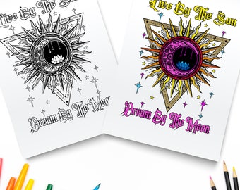 Live By The Sun Dream By The Moon Coloring Page / Téléchargement numérique / Soleil et lune Imprimer PDF