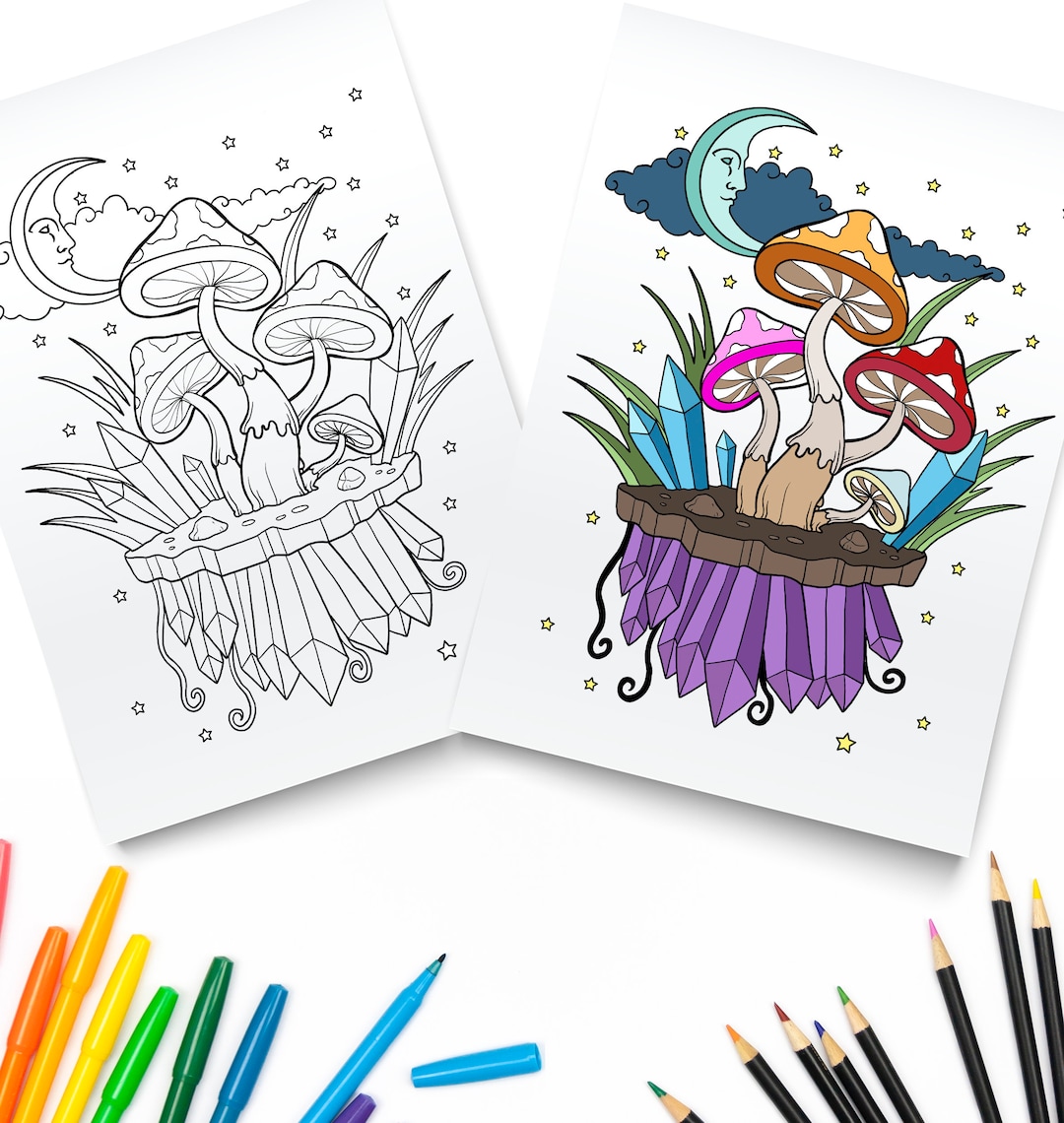 Mushroom and Crystals / Magic Mushroom Printable Coloring Pages ...