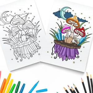 Mushroom And Crystals / Magic Mushroom Printable Coloring Pages / Digital Download / Trippy Coloring Book