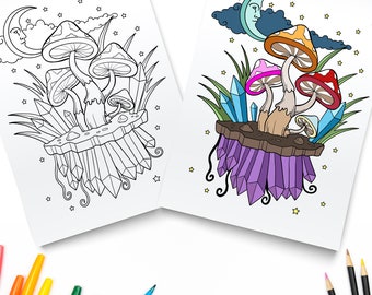 Mushroom And Crystals / Magic Mushroom Printable Coloring Pages / Digital Download / Trippy Coloring Book