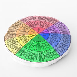 May include: A round, white cushion featuring a colorful emotion wheel. The wheel is divided into sections representing various feelings, such as joy, sadness, and anger, with related words. The design is printed on a soft, circular cushion.
