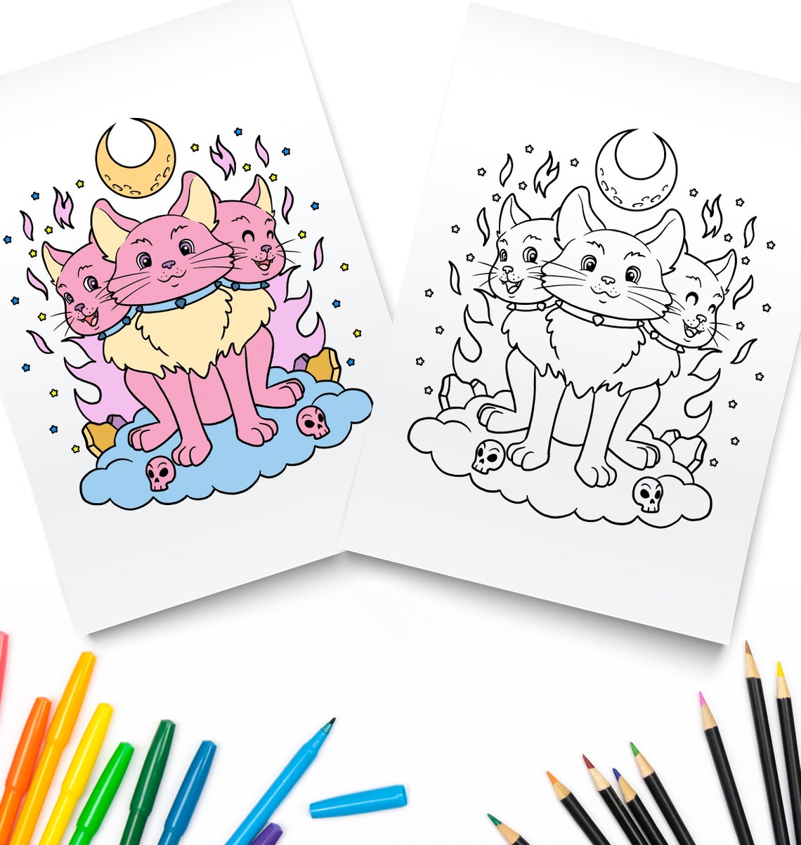 Pastel Goth Coloring Page / Creepy Kawaii Digital Download / 3 Headed Cat Downloadable PDF Etsy