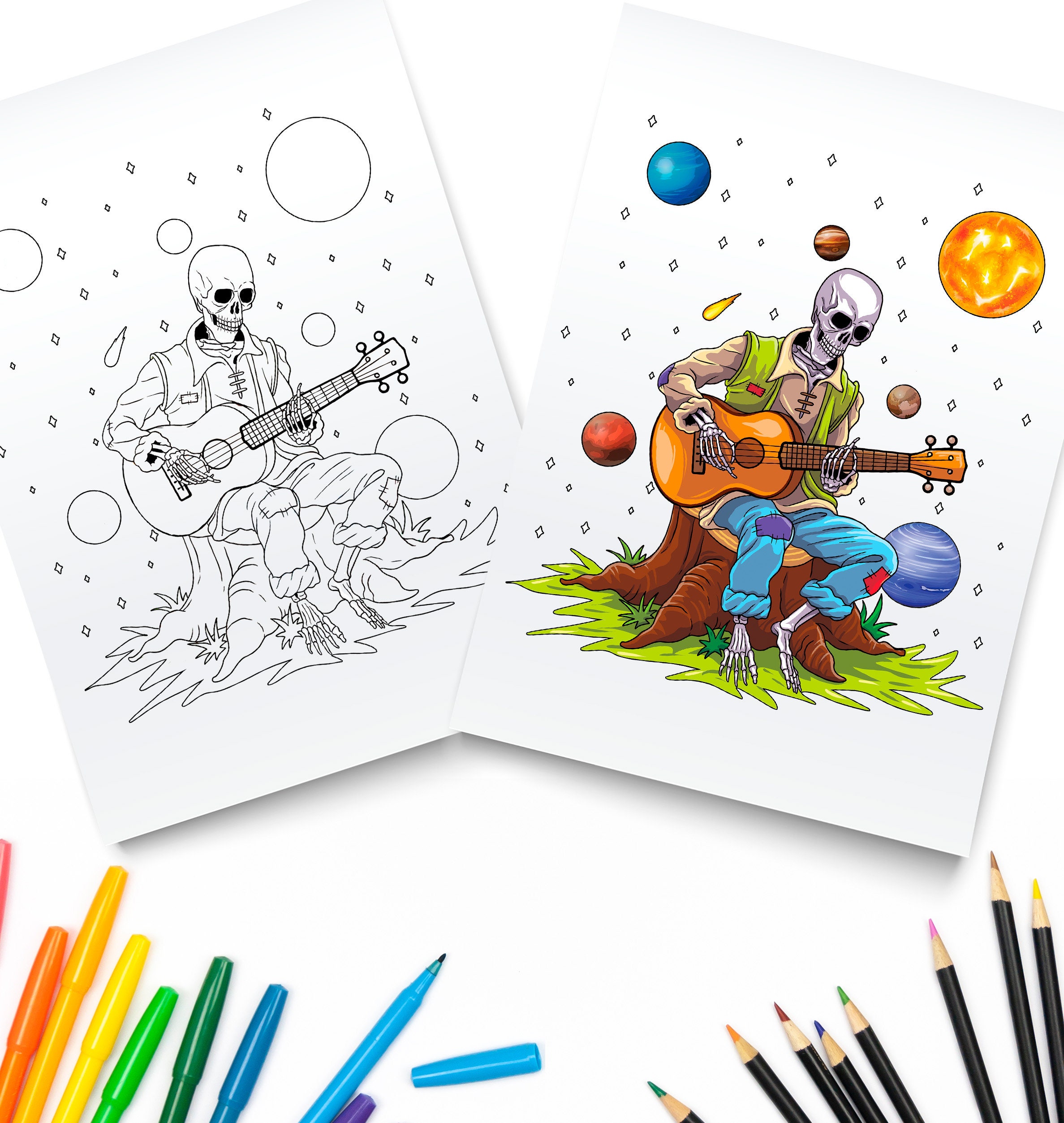 Skeleton Banjo Coloring Page / Outer Space Digital Download / Banjo Player PDF / Planets Downloadable Art / Musician Gifts