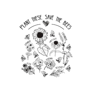 Pode incluir: Ilustração em preto e branco de um coração com o texto "Plante estas. Salve as abelhas." ao redor. O coração é rodeado por um círculo de flores e abelhas, com os nomes de cada flor escritos abaixo. As flores incluem girassol, equinácea, lavanda, gerânio, papoula, verbena, aster, botão de ouro e alecrim.